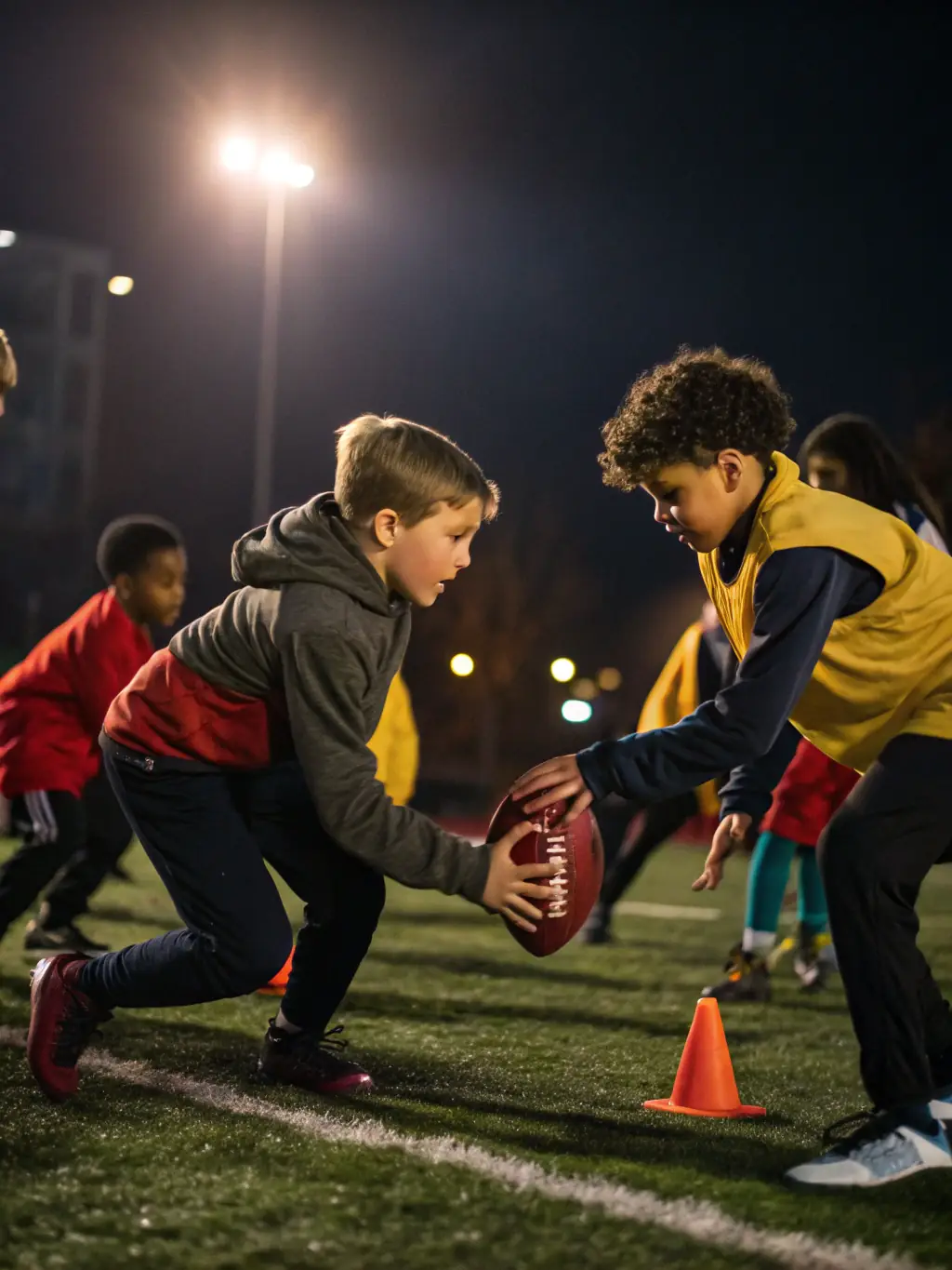 Action shot of young children participating in a football training session at Le FOOTBALL-CLUB DE JARS, focusing on fundamental skills like dribbling and passing, under the guidance of a certified coach.