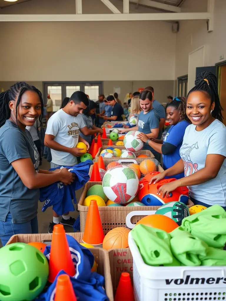 A photo of volunteers setting up for a community sports event organized by Le FOOTBALL-CLUB DE JARS, highlighting community involvement.