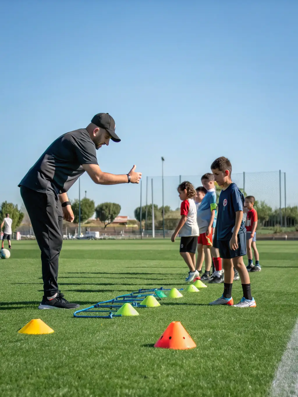 A high-quality photo of Le FOOTBALL-CLUB DE JARS's professional football training session, showcasing skilled coaches guiding young players through drills.