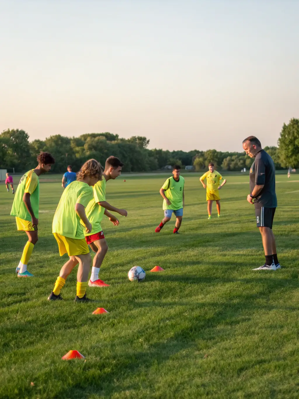 Action shot of young football players participating in a training session at Le FOOTBALL-CLUB DE JARS, focusing on teamwork and skill development.