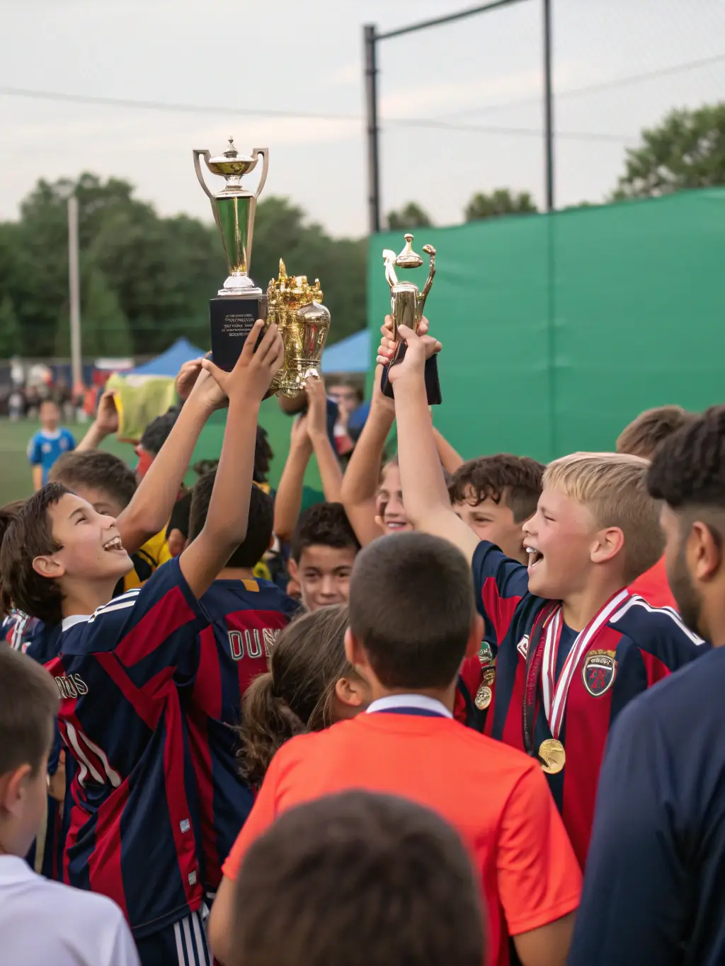 Action shot of a youth football team from Le FOOTBALL-CLUB DE JARS participating in a local tournament, showcasing teamwork and sportsmanship.